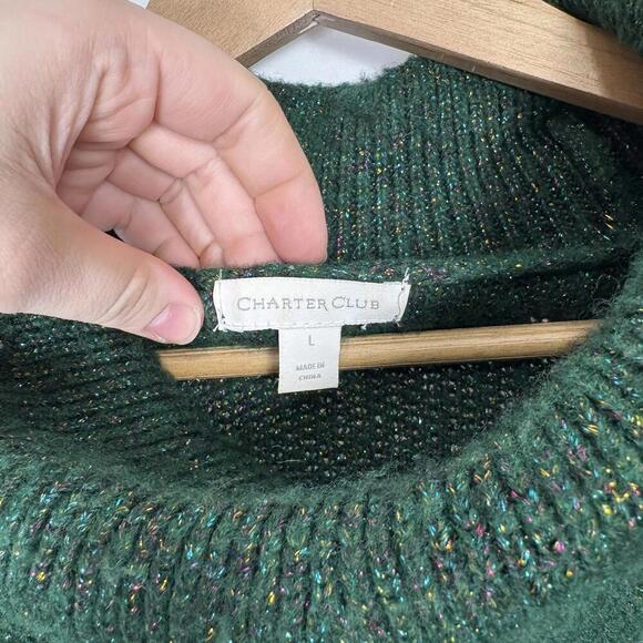 Charter Club Green Metallic Glitter Cable Knit Sweater Size: L - Picture 6 of 7